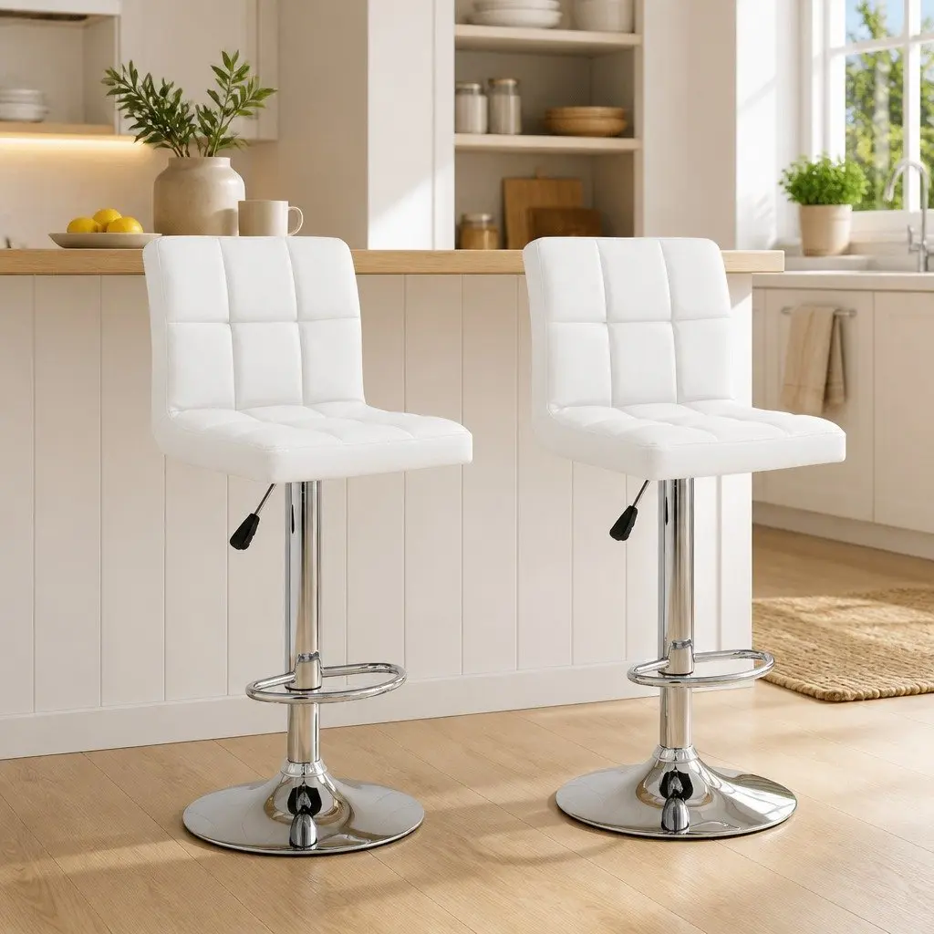Bar Stools Set of 2 in White Faux Leather