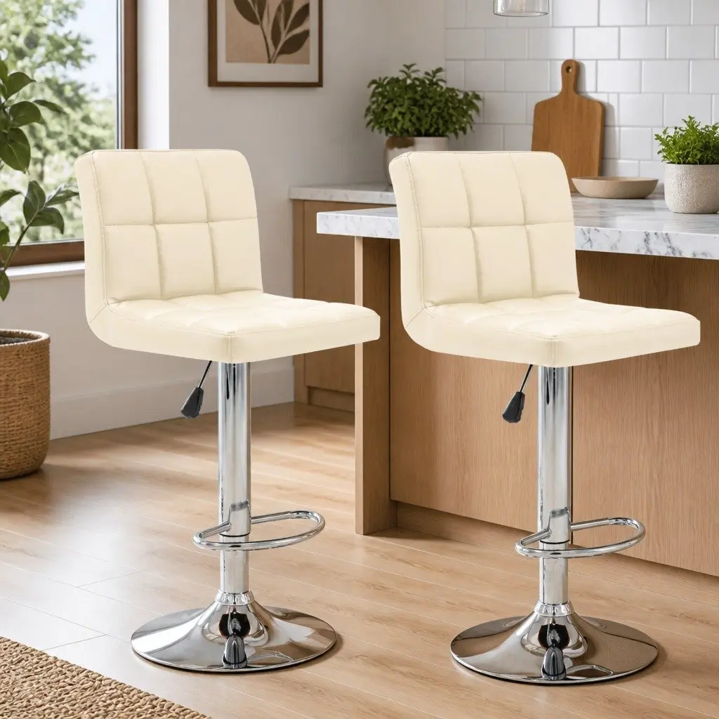 Cream Faux Leather Bar Stools 2 pcs with Adjustable Height