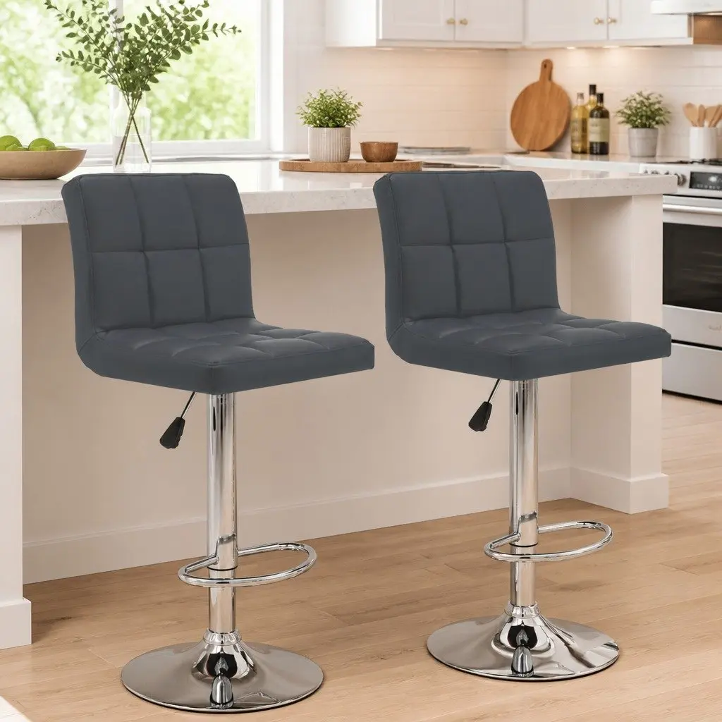 Bar Stools Artificial Leather Grey Set 2 pc Chromed Steel Adjustable Height