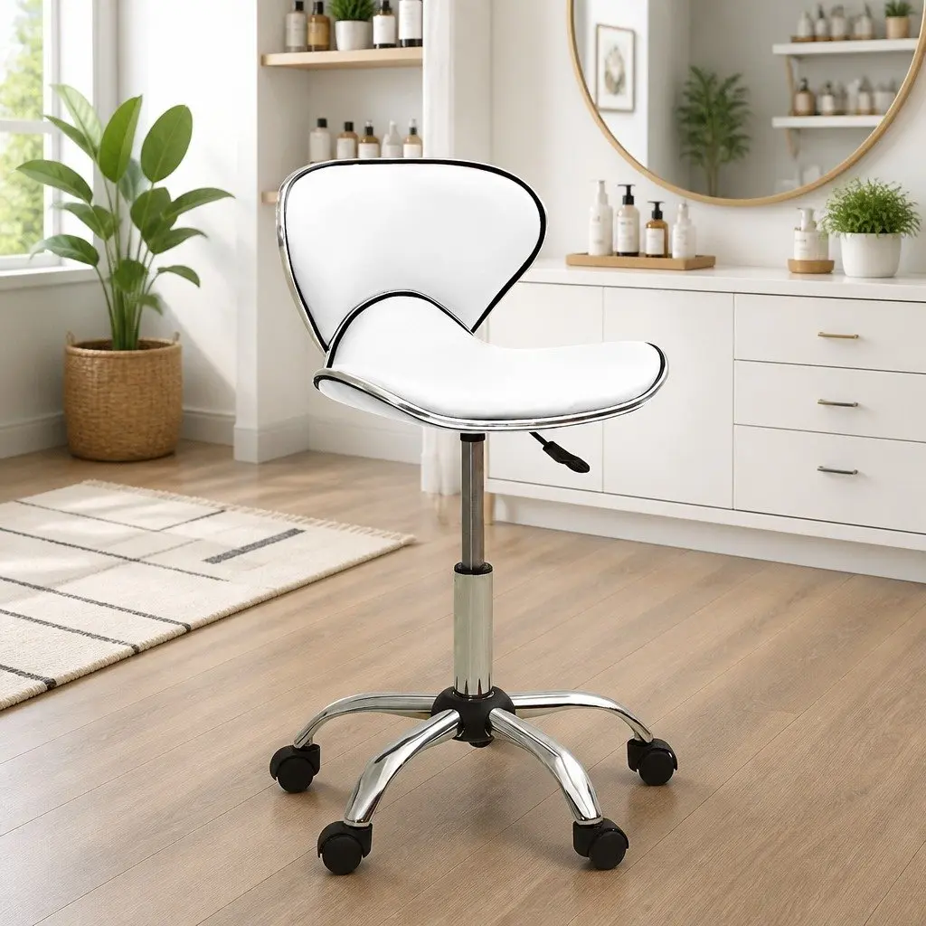 Adjustable White Salon Spa Stool with 5 Wheels