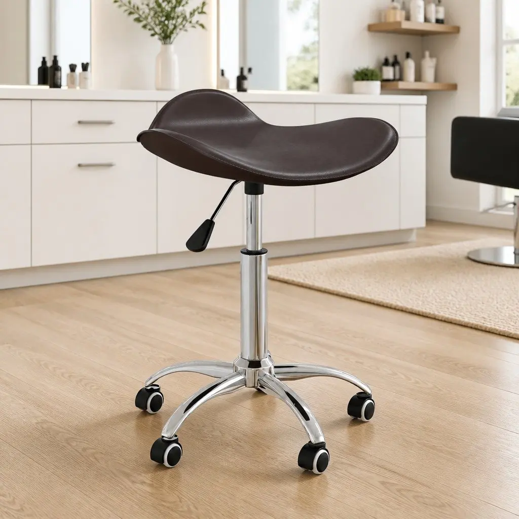 Brown Faux Leather Salon Spa Stool with Wheels