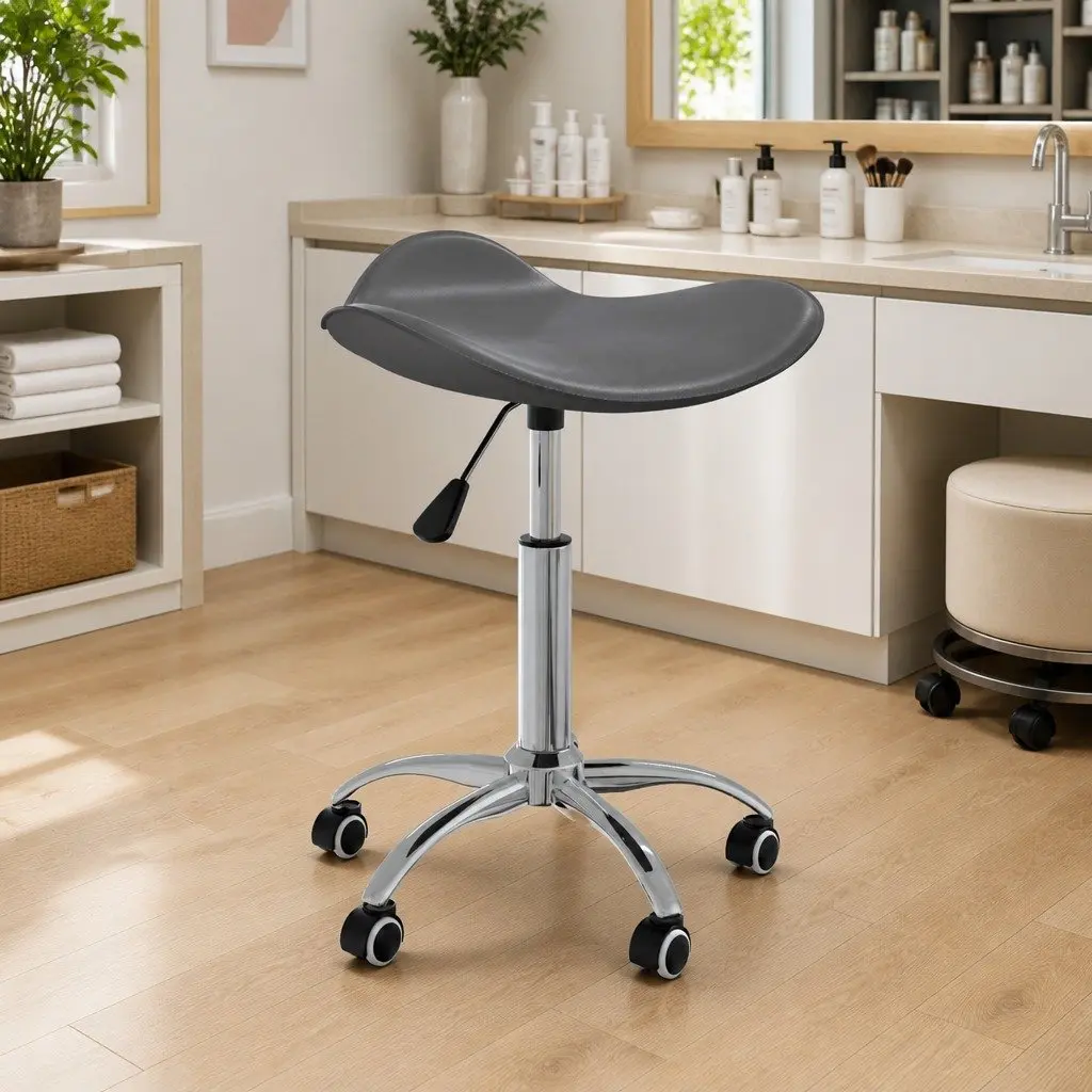 Grey Faux Leather Adjustable Salon Spa Stool with Wheels