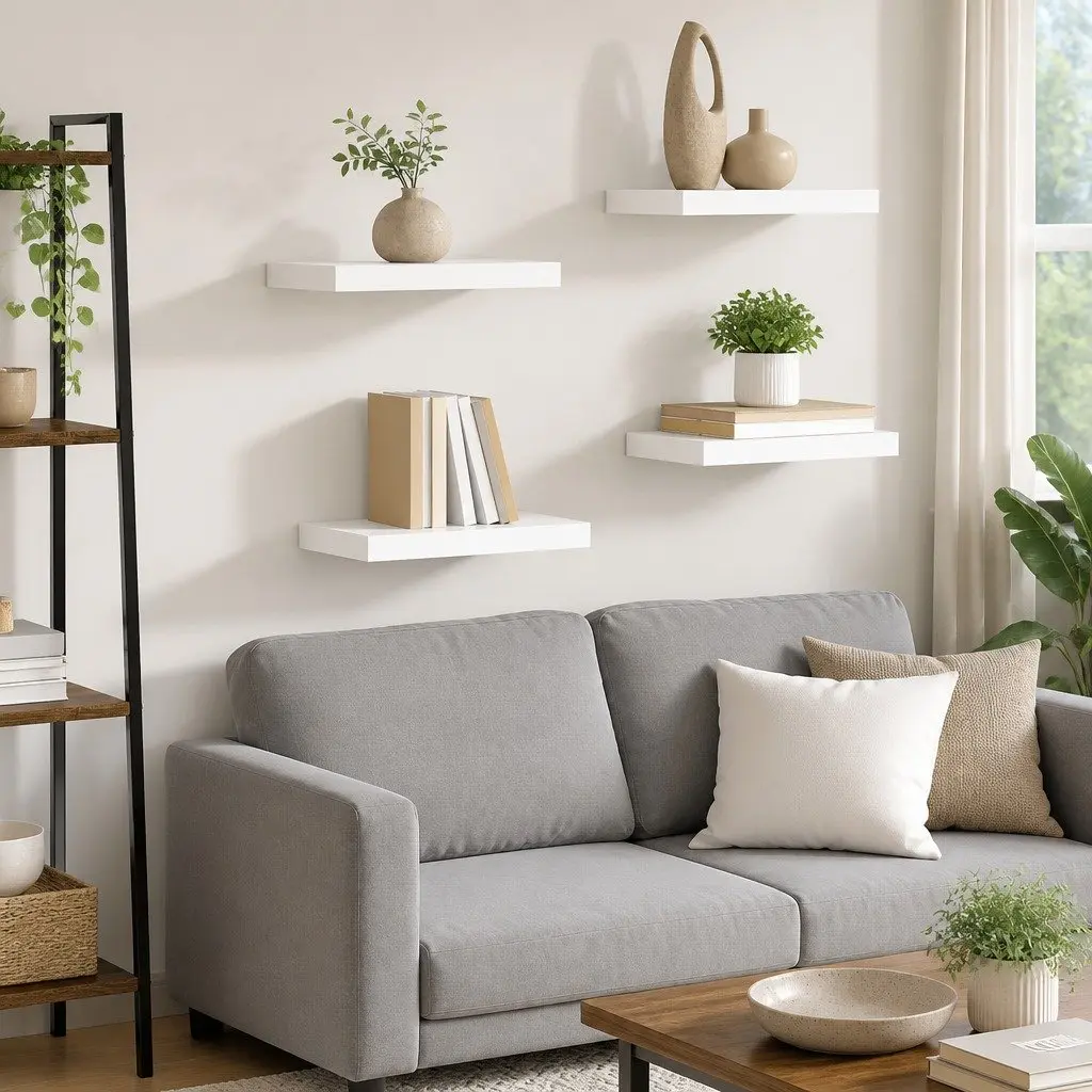 Floating Wall Shelves Honeycomb MDF Metal Frame 40 x 23.5 x 3.8 cm White Set 4 Pieces