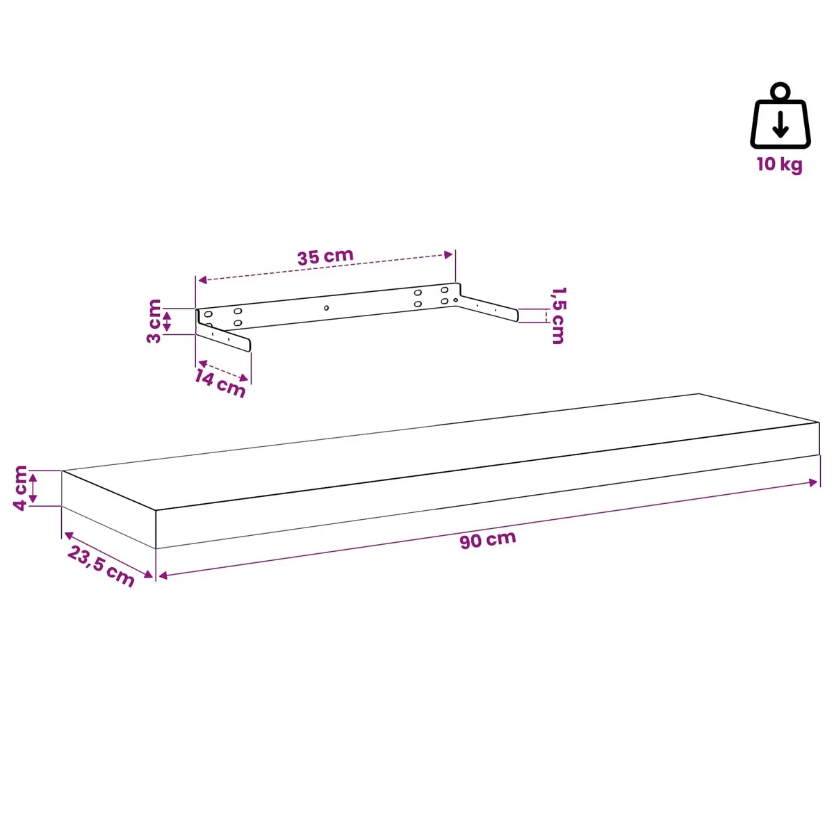 Floating Wall Shelf Honeycomb MDF Metal 90 x 23.5 x 3.8 cm White