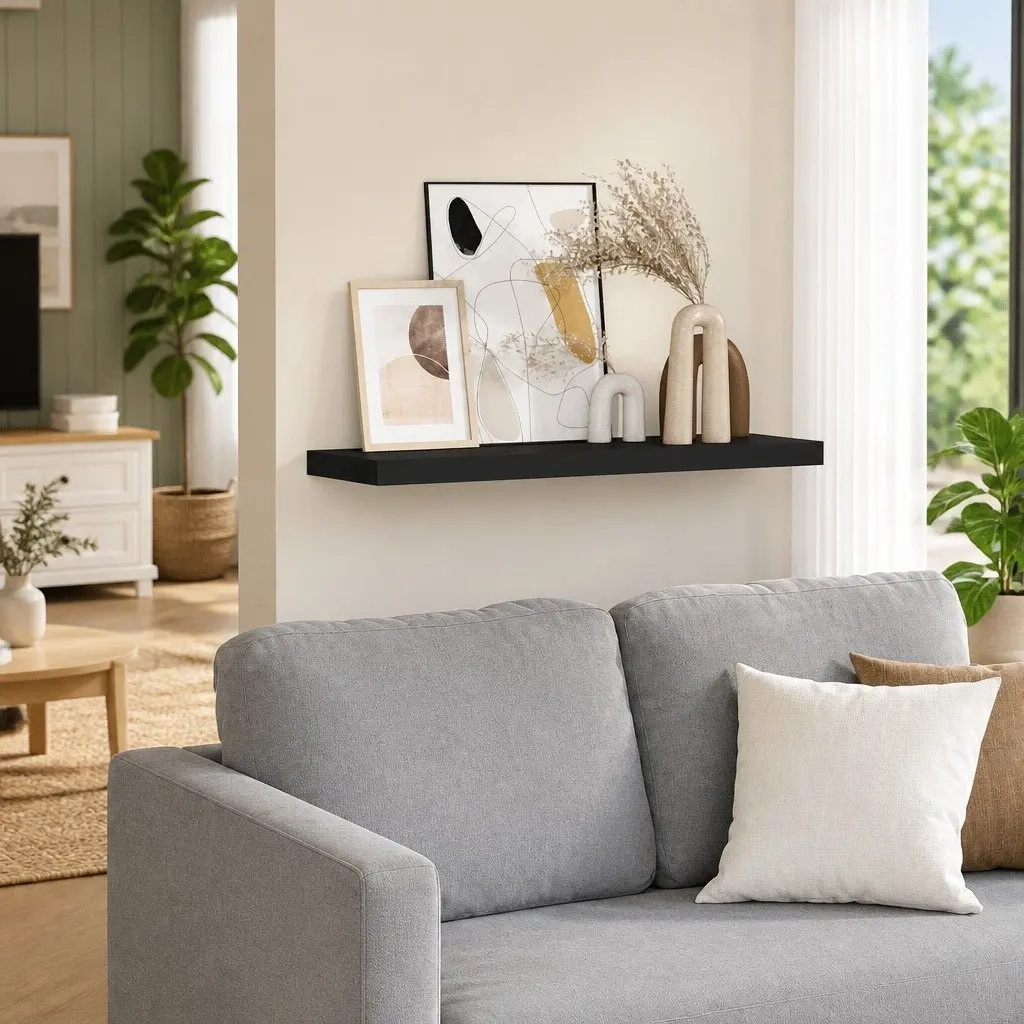 Black Floating Wall Shelf for Display and Storage