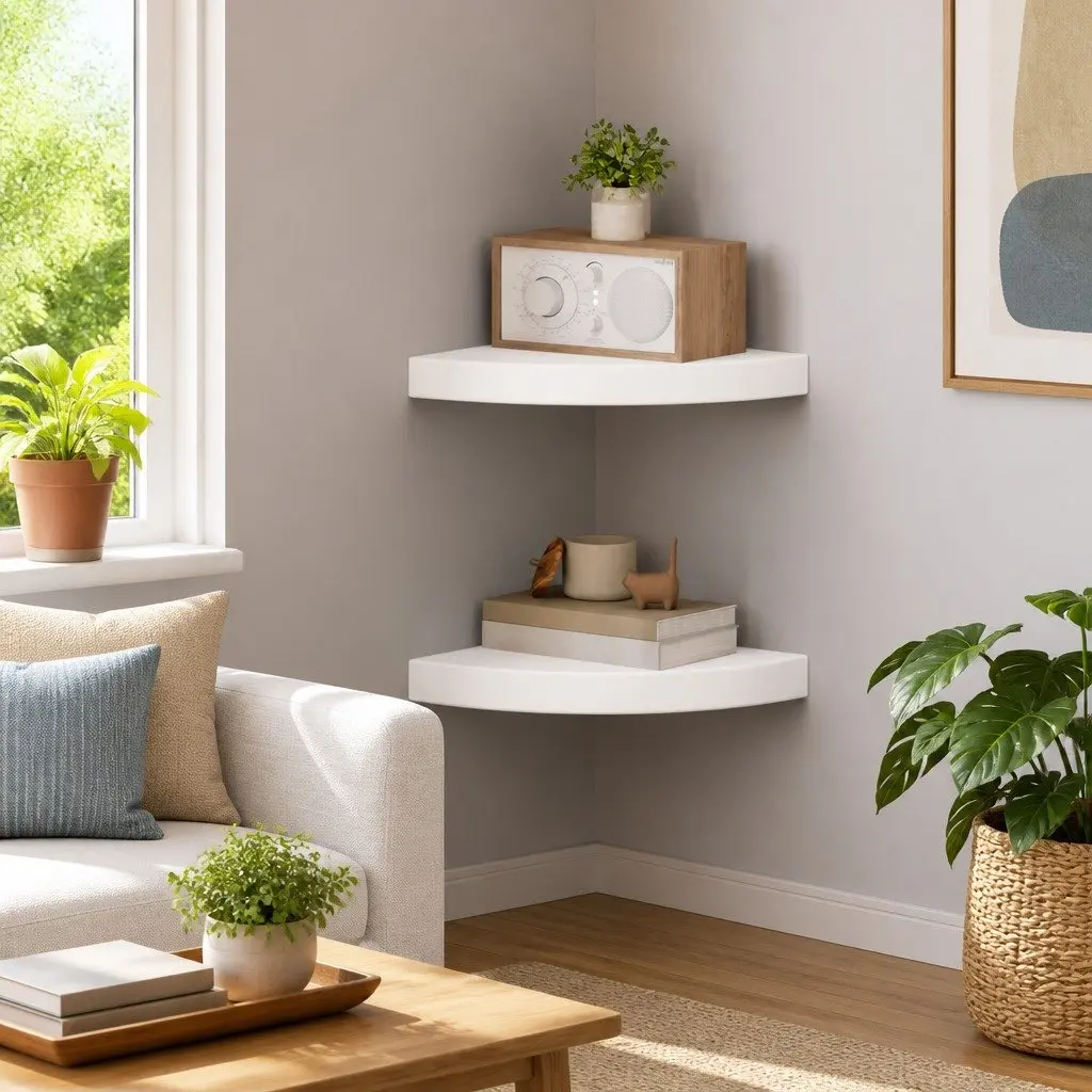 Floating Corner Wall Shelves 2 pc White