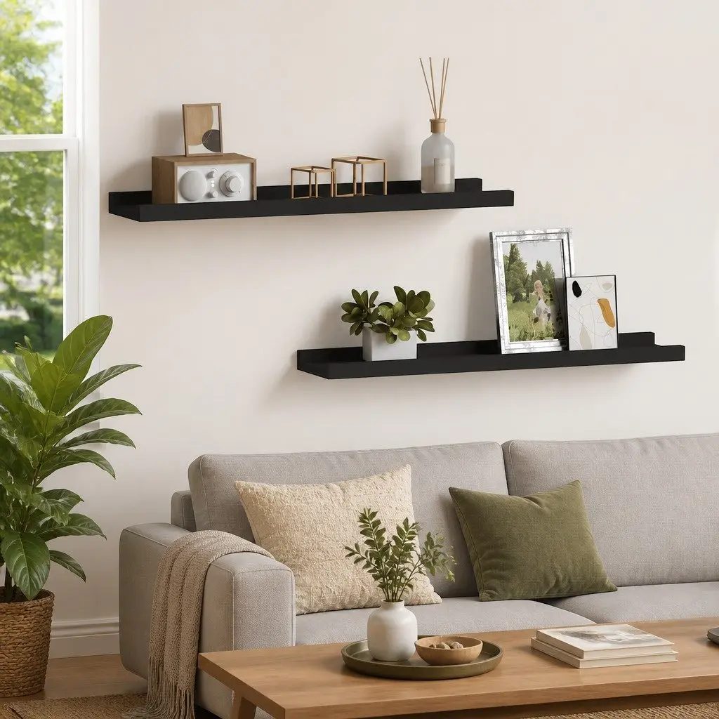 Picture Frame Ledge Shelves 2pcs Wall Mounted Display Shelf Black 60x9x3cm MDF