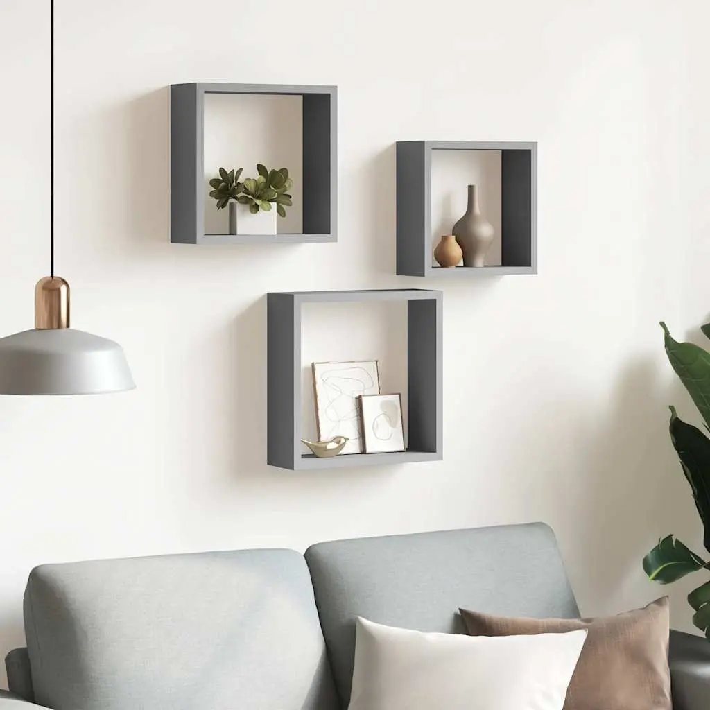 Wall Cube Shelves 3 Pieces Grey Storage Organiser Display Floating Corner Unit