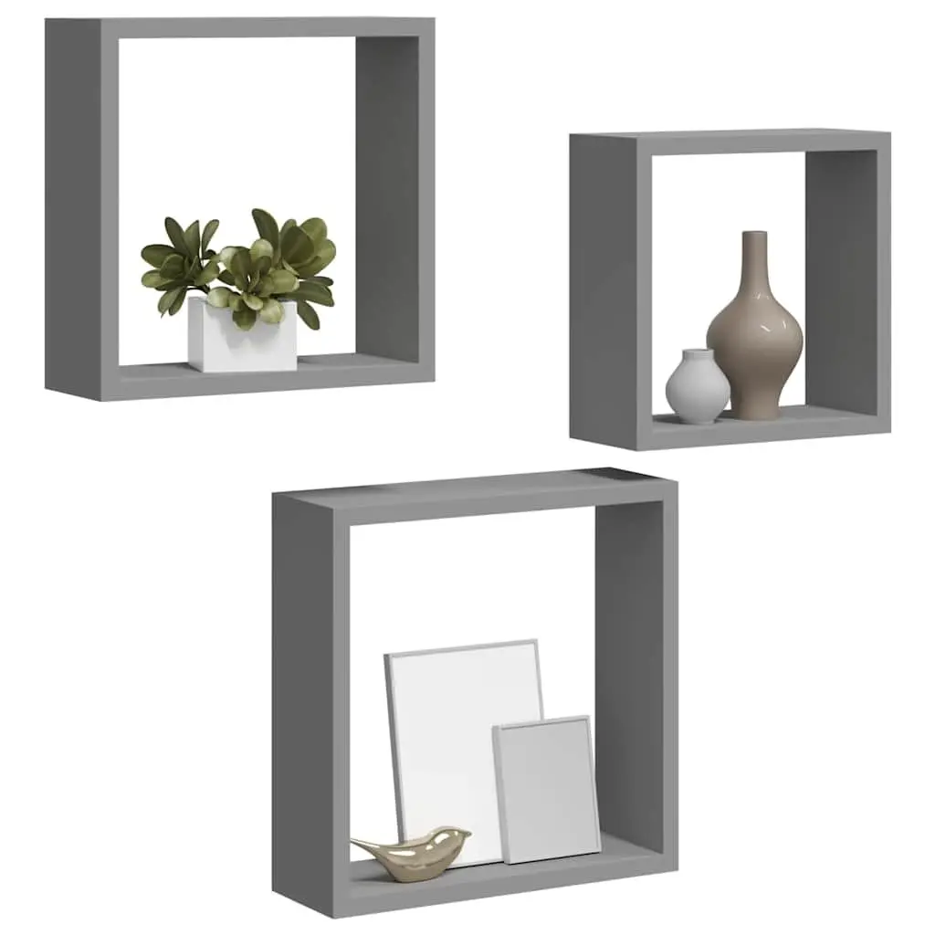 Wall Cube Shelves 3 Pieces Grey Storage Organiser Display Floating Corner Unit