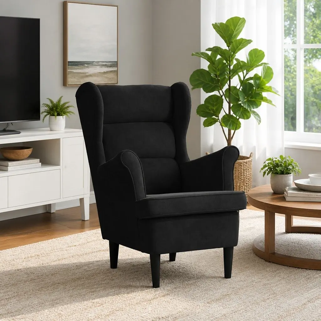 Black Velvet Upholstered Lounge Chair with Padded Support