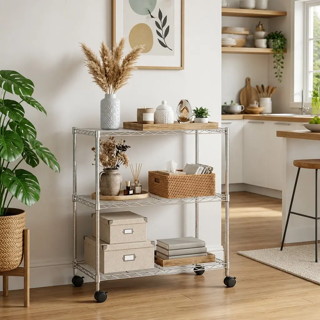 3-Tier Wire Storage Rack on Wheels for Easy Use