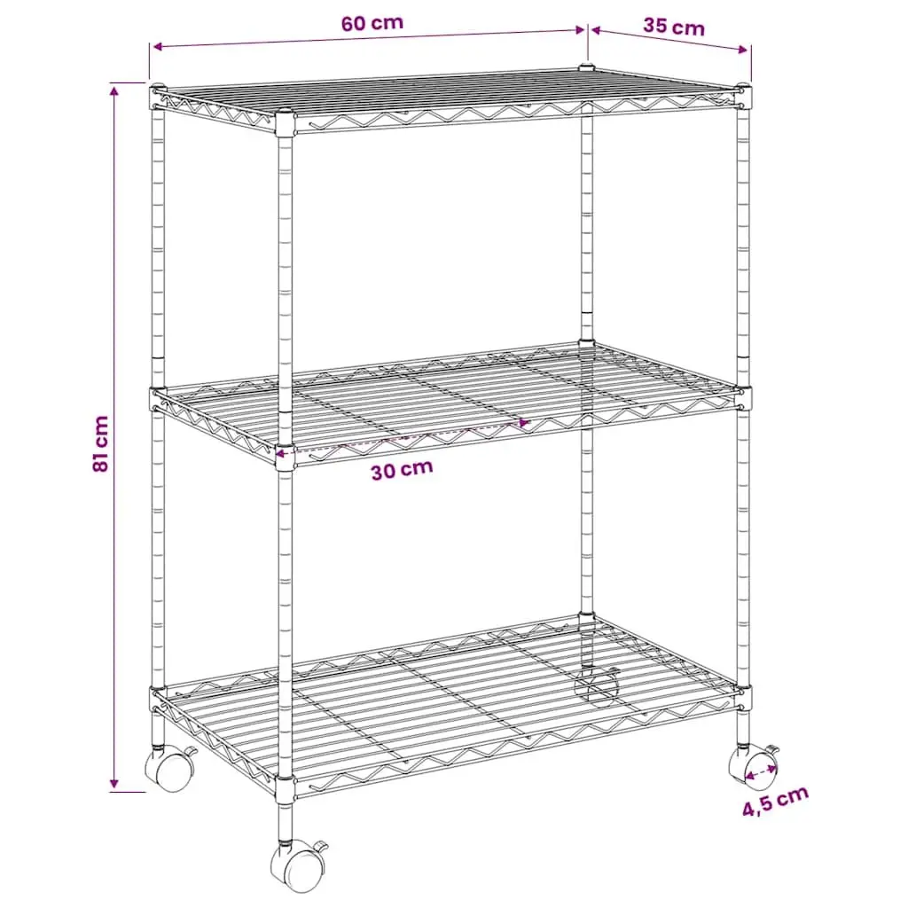 3-Tier Storage Rack with Wheels 60x35x81cm Black