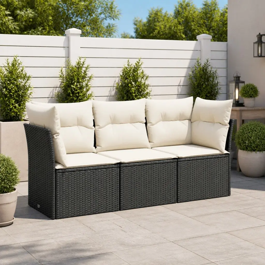 Garden Sofa Set PE Rattan 3 Piece Black Outdoor Furniture