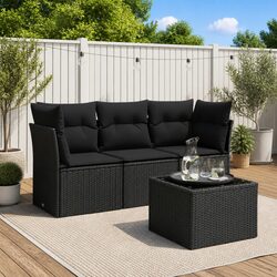 4-Piece Black Poly Rattan Garden Sofa Set with Cushions