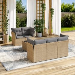 Beige 6-Piece Outdoor Rattan Sofa Set with Cushions