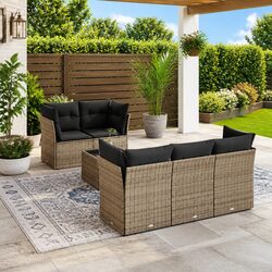 6-Piece Grey Poly Rattan Garden Sofa Set for Outdoors