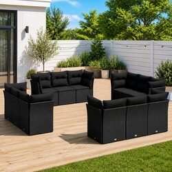 12-Piece Modular Black Poly Rattan Garden Sofa Set