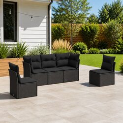 5-Piece Black Poly Rattan Outdoor Sofa Set with Cushions