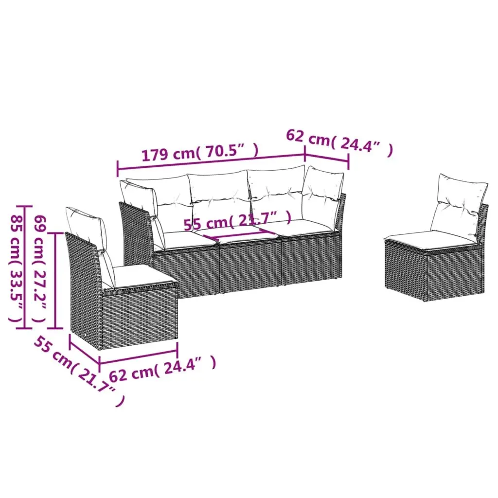 5 Piece Grey Poly Rattan Garden Sofa Set