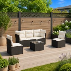 6-Piece Black Poly Rattan Garden Sofa Set for Outdoors