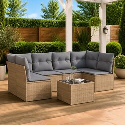 Sturdy 7 Piece Garden Sofa Set with Cushions Beige Rattan