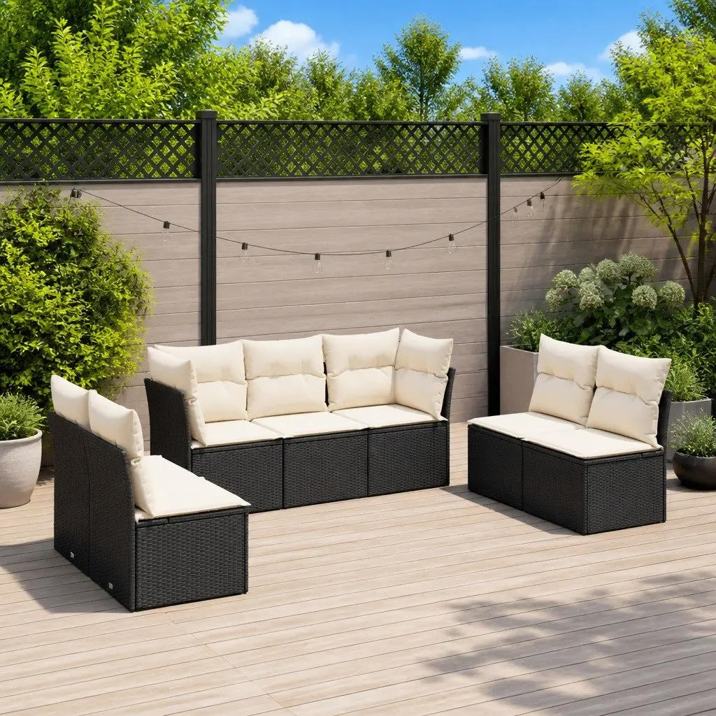 7-Piece Modular Black Poly Rattan Garden Sofa Set