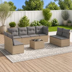 Beige PE Rattan 9-Piece Outdoor Sofa Set with Cushions