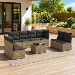 9 Piece Grey Rattan Garden Sofa Set with Cushions