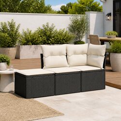 Premium 3 Piece Black Garden Sofa Set with Storage Cushions