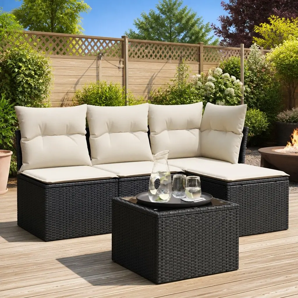 5 Piece Black Poly Rattan Garden Sofa Set