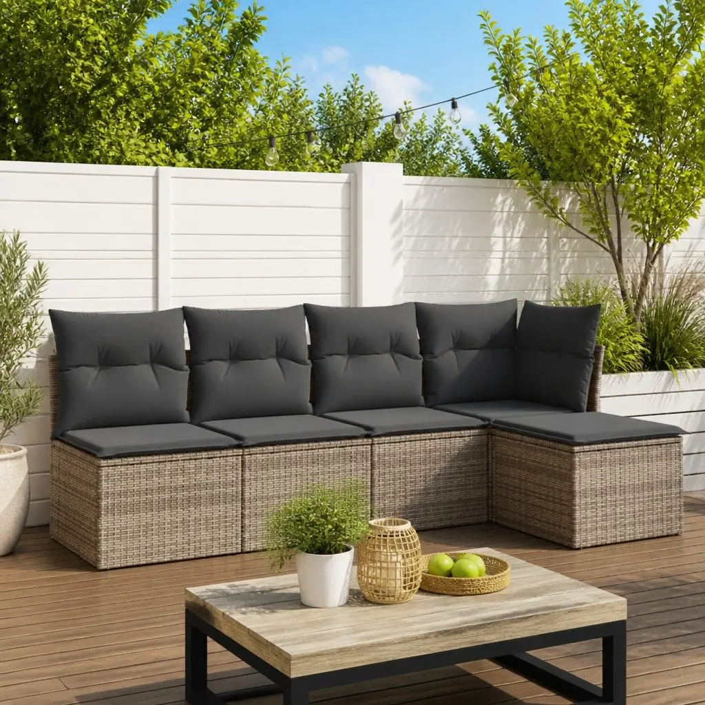 Garden Sofa Set PE Poly Rattan 5 Piece Grey Modular Outdoor Furniture