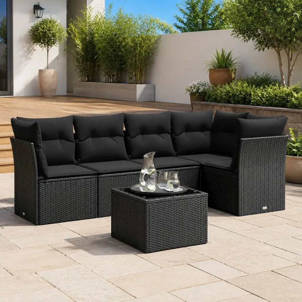 Garden Sofa Set PE Rattan 6 Piece Outdoor Furniture Black Patio Seating