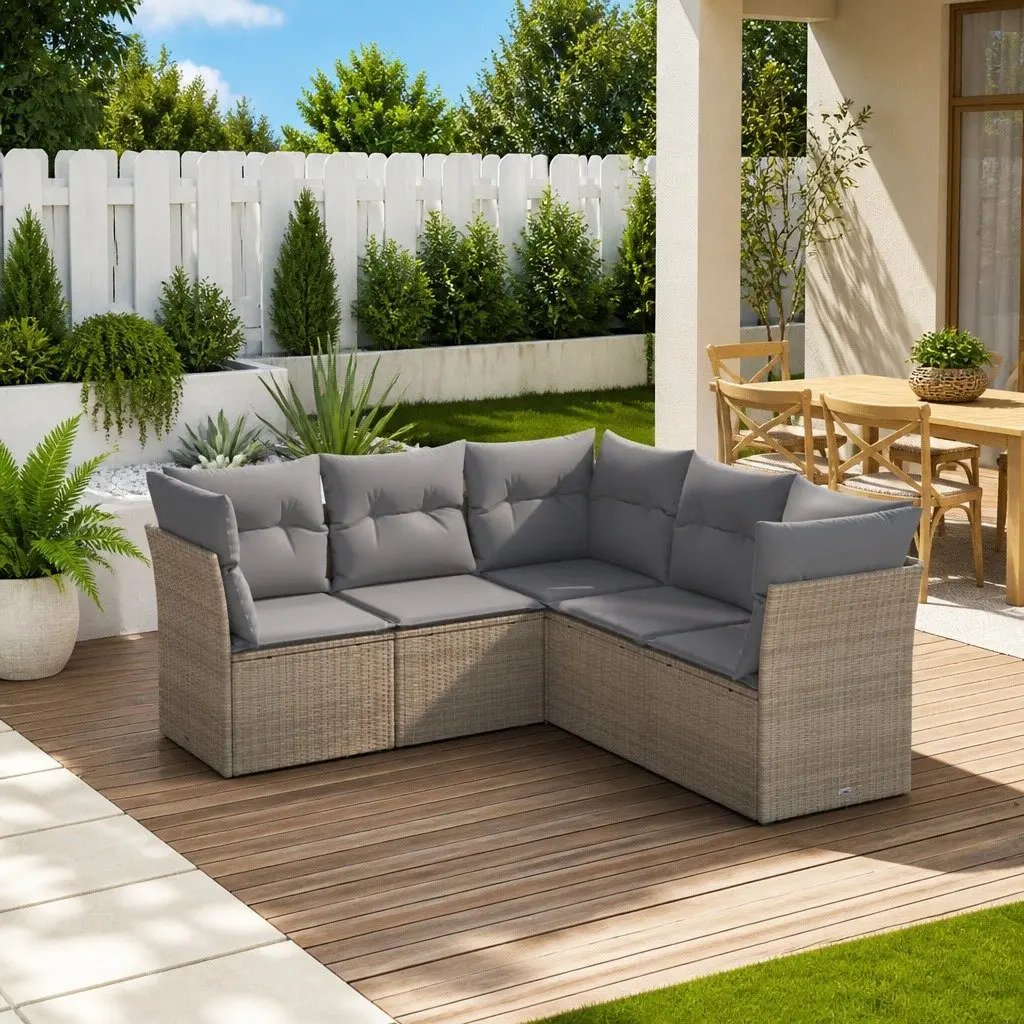 5 Piece Garden Sofa Set PE Rattan Beige Cushions