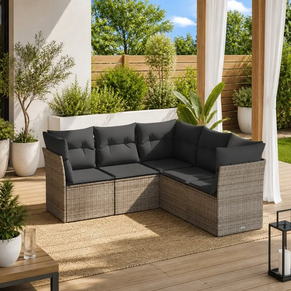 Garden Sofa Set PE Rattan 5 Piece Outdoor Furniture Grey with Cushions Storage