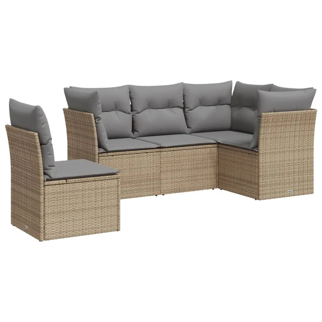 5 Piece Garden Sofa Set PE Rattan Beige with Cushions