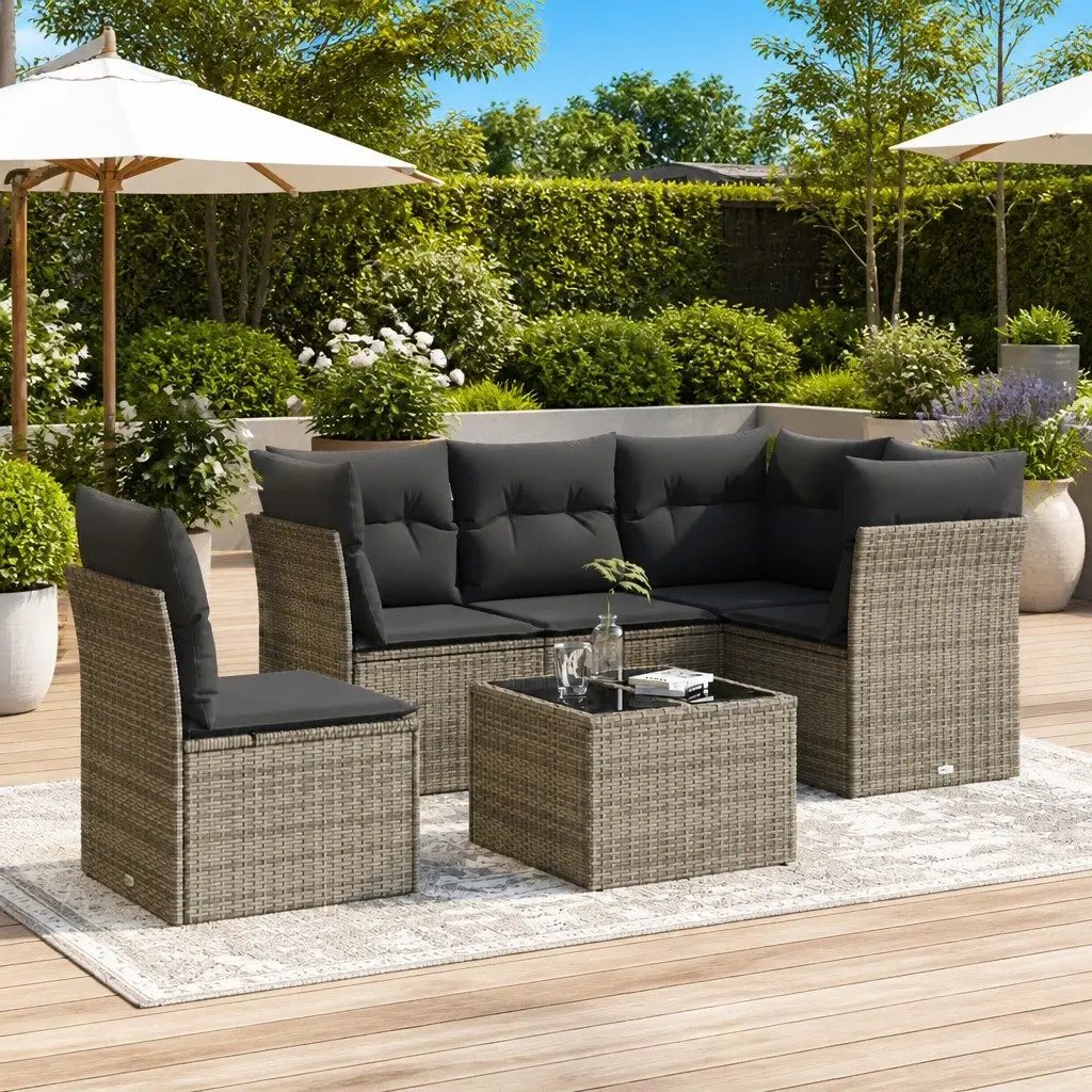 6 Piece Grey Poly Rattan Garden Sofa Set with Storage