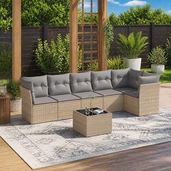 Beige Poly Rattan 7-Piece Outdoor Sofa Set with Storage
