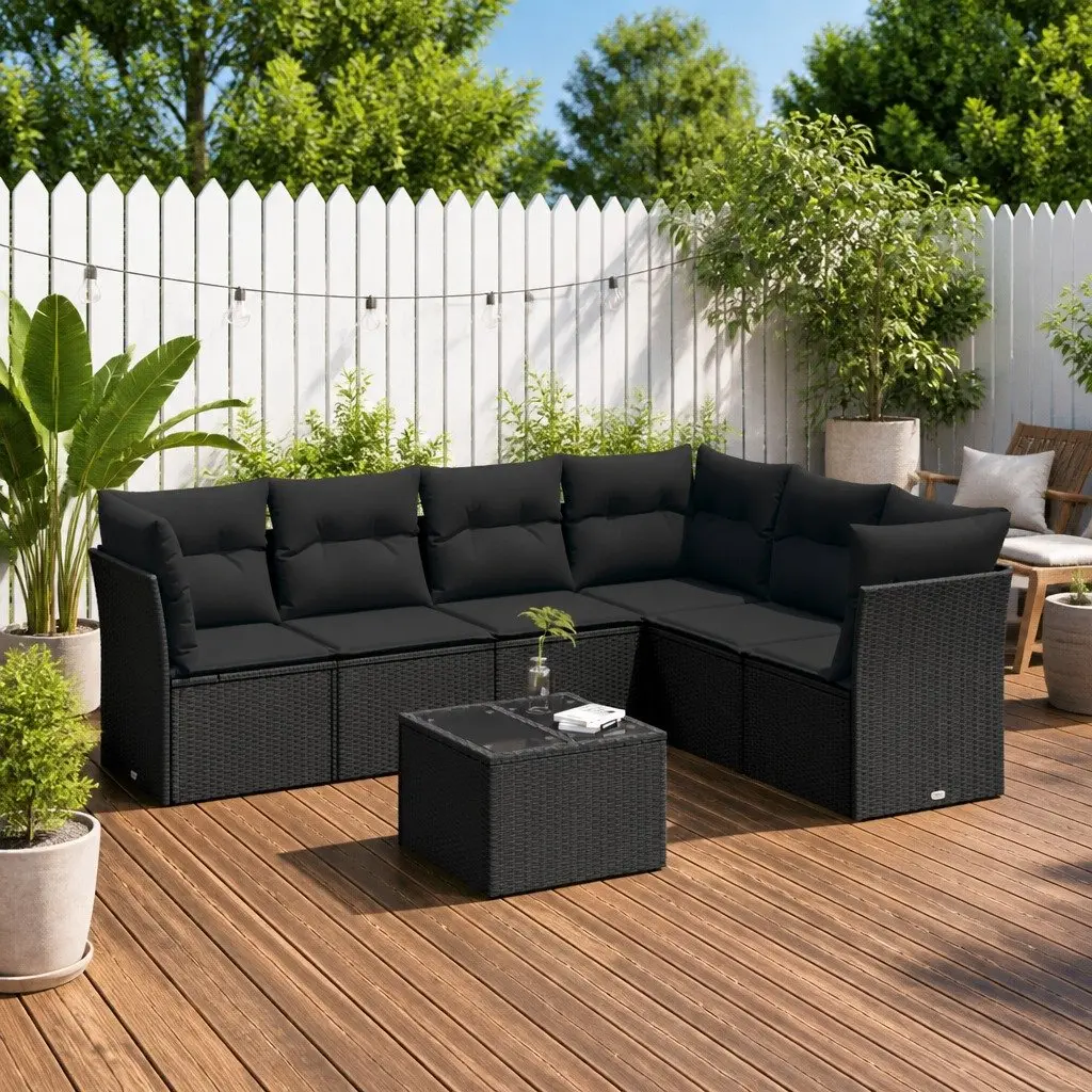 7 Piece Garden Sofa Set PE Rattan Black Modular Outdoor Furniture with Cushions