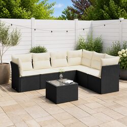 7-Piece Black Poly Rattan Outdoor Sofa Set with Cushions