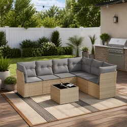 Quality 7 Piece Beige Garden Sofa Set with Cushions