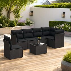 7 Piece Modular Garden Sofa Set in Black Poly Rattan