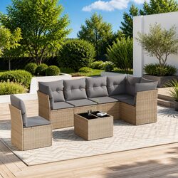 Beige Poly Rattan 7 Piece Garden Sofa Set for Outdoors