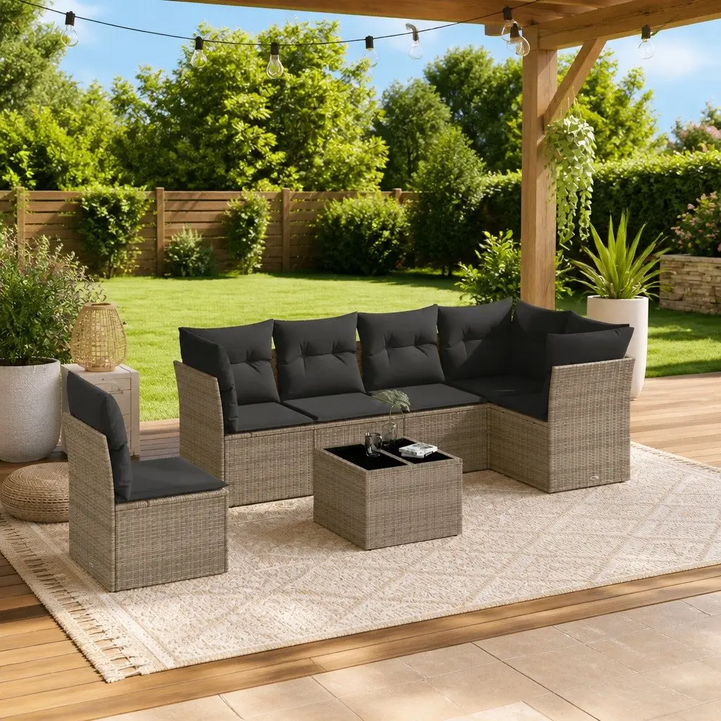 7 Piece Grey Poly Rattan Garden Sofa Set
