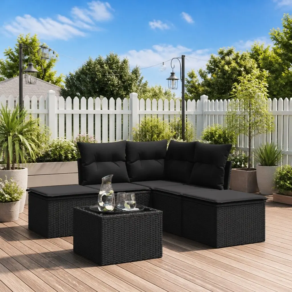 Garden Sofa Set PE Rattan 6 Piece Outdoor Furniture Black Patio with Cushions
