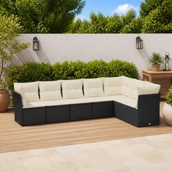 7 Piece Outdoor Black Poly Rattan Sofa Set for Patios