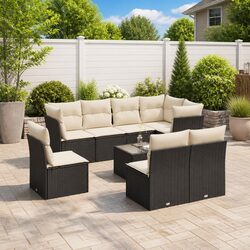 9-Piece Black Poly Rattan Garden Sofa Set
