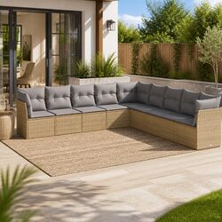 Beige Poly Rattan Garden Sofa Set - 9 Piece Outdoor Furniture