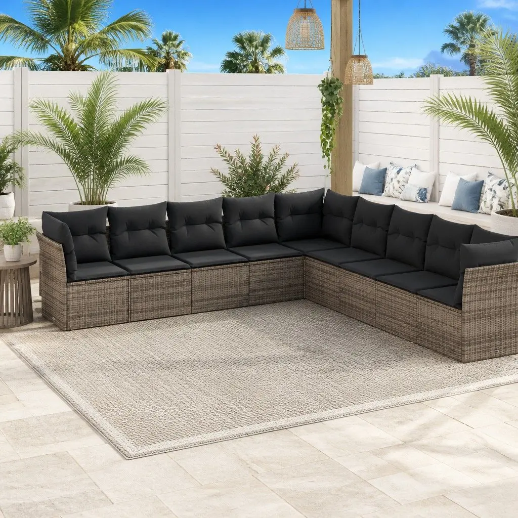Garden Sofa Set PE Rattan 9 Piece Grey Outdoor Furniture Patio Lounge with Storage Cushions