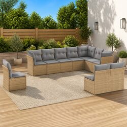 10 Piece Beige Poly Rattan Garden Sofa Set for Outdoors