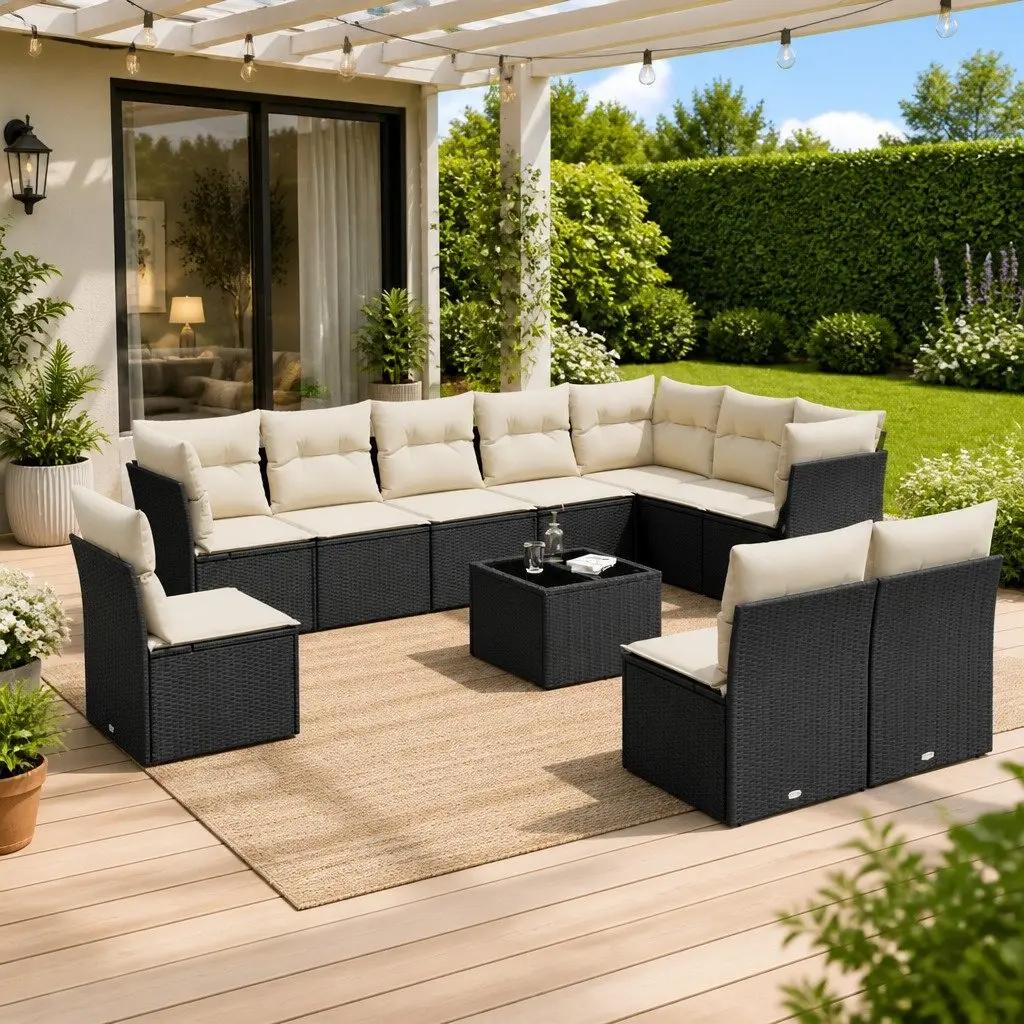 11 Piece Outdoor Garden Sofa Set PE Rattan Black with Cushions